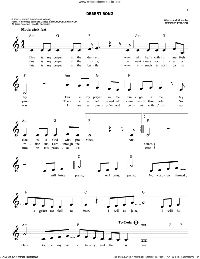 Desert Song sheet music for voice and other instruments (fake book) by Hillsong Worship and Brooke Ligertwood, easy skill level