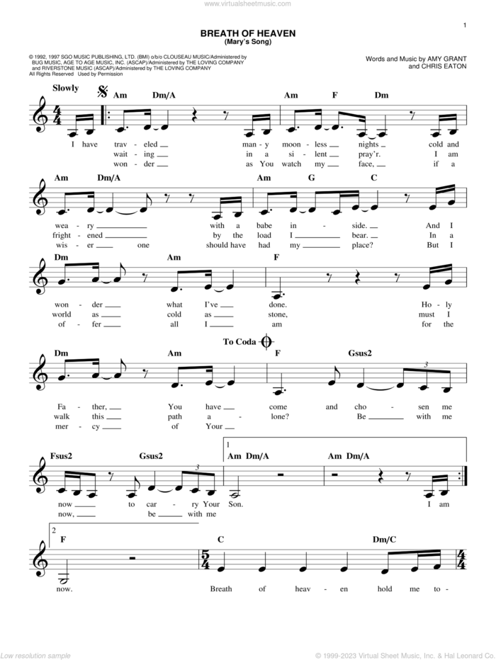 Breath Of Heaven (Mary's Song) sheet music for voice and other instruments (fake book) by Amy Grant and Chris Eaton, easy skill level