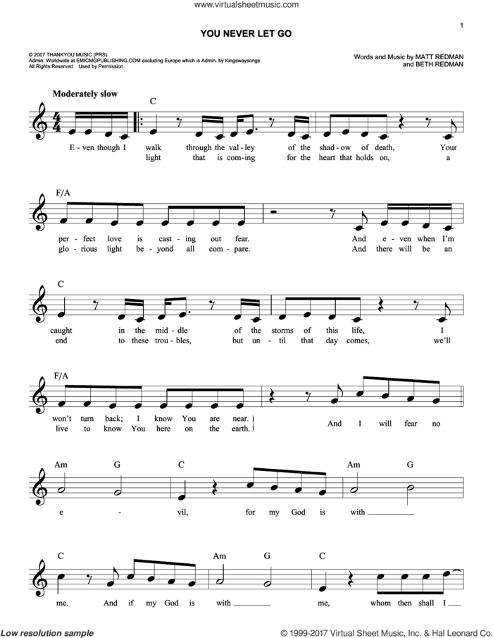 You Never Let Go sheet music for voice and other instruments (fake book) by Matt Redman and Beth Redman, easy skill level