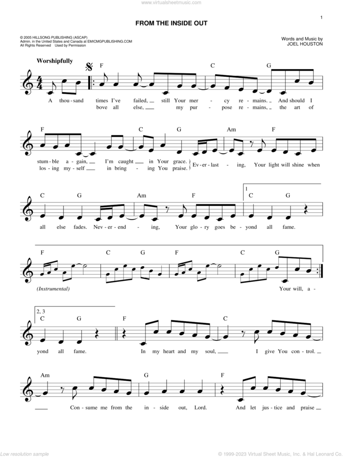 From The Inside Out sheet music for voice and other instruments (fake book) by Joel Houston and Hillsong United, easy skill level