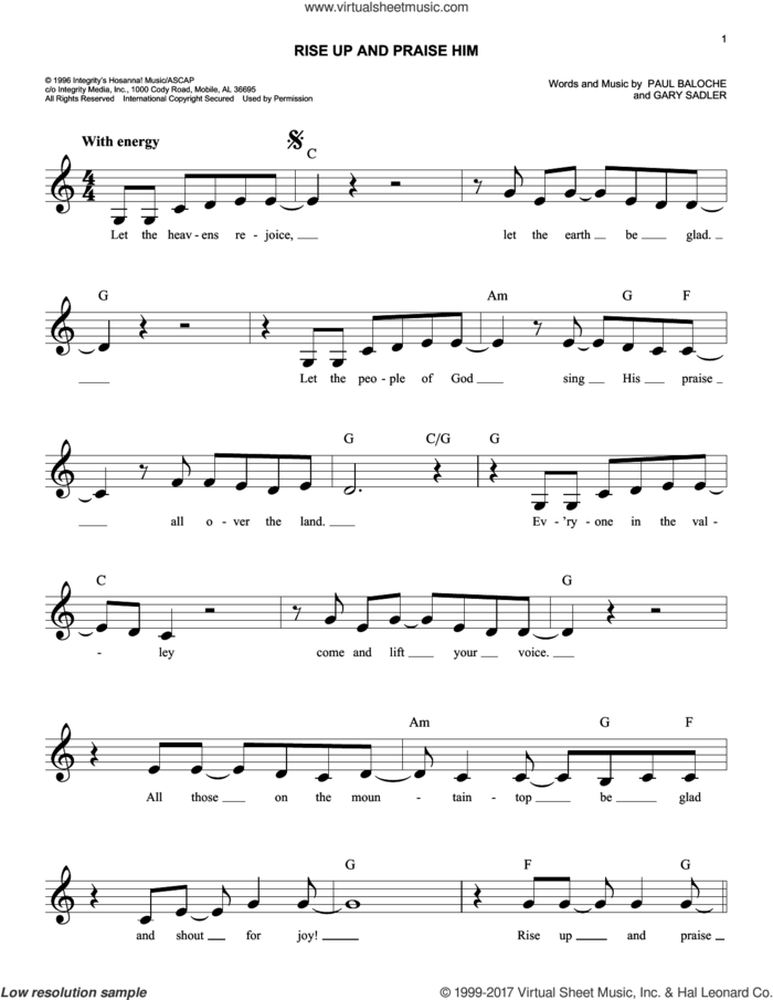 Rise Up And Praise Him sheet music for voice and other instruments (fake book) by Gary Sadler and Paul Baloche, easy skill level