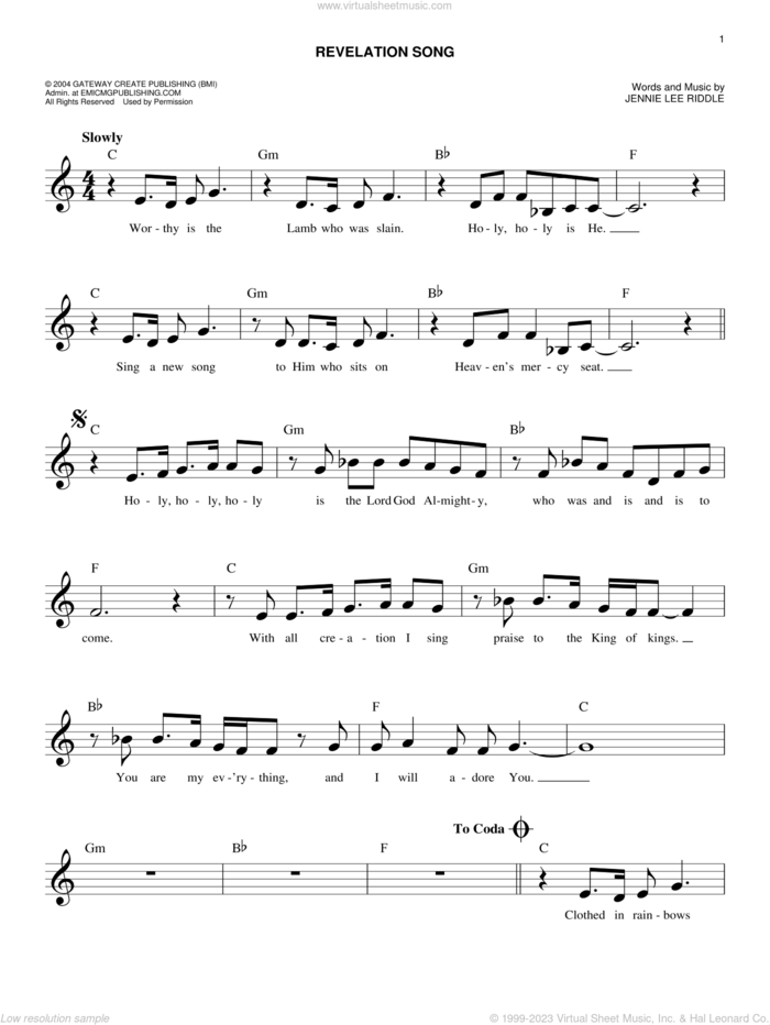 Revelation Song sheet music for voice and other instruments (fake book) by Phillips, Craig & Dean and Jennie Lee Riddle, easy skill level