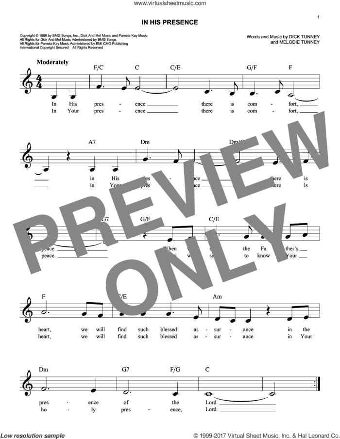 In His Presence sheet music for voice and other instruments (fake book) by Melodie Tunney and Dick Tunney, easy skill level