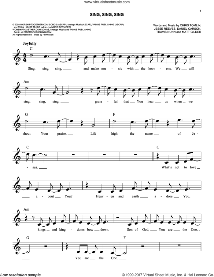 Sing Sing Sing sheet music for voice and other instruments (fake book) by Chris Tomlin, Daniel Carson, Jesse Reeves, Matt Gilder and Travis Nunn, easy skill level