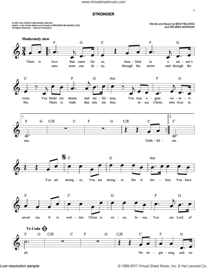 Stronger sheet music for voice and other instruments (fake book) by Reuben Morgan, Hillsong Worship and Ben Fielding, intermediate skill level