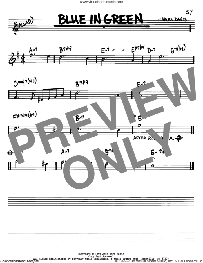 Blue In Green sheet music for voice and other instruments (in Bb) by Miles Davis, intermediate skill level
