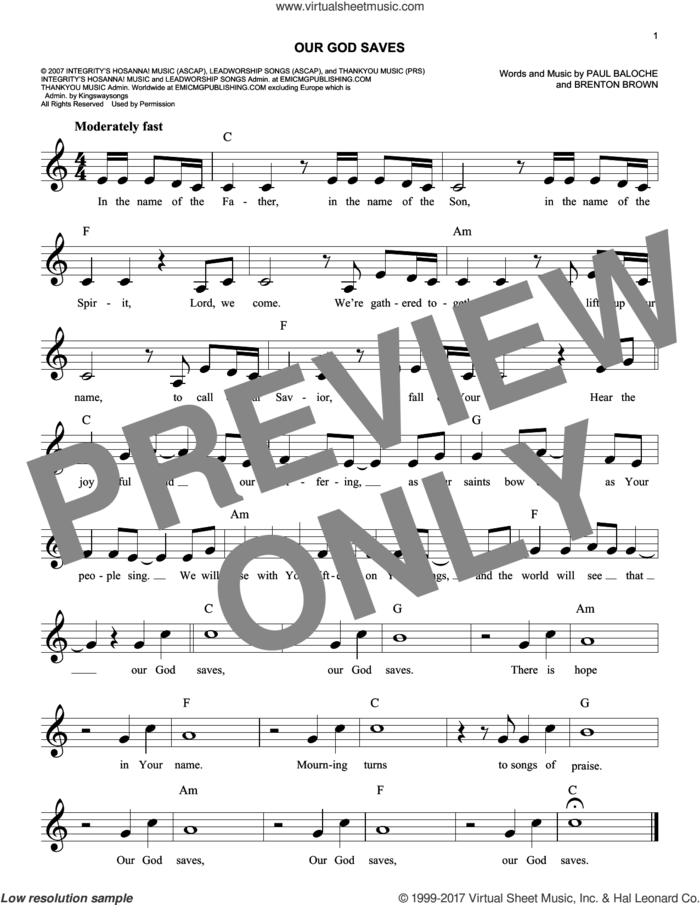 Our God Saves sheet music for voice and other instruments (fake book) by Paul Baloche and Brenton Brown, easy skill level