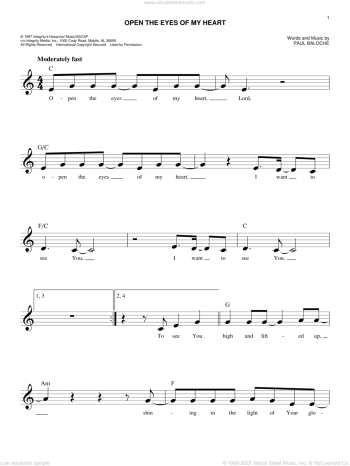 Open The Eyes Of My Heart sheet music for voice and other instruments (fake book) by Paul Baloche, Praise Band and Sonicflood, intermediate skill level