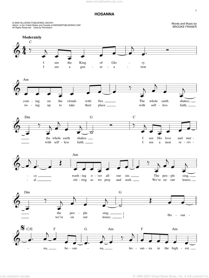 Hosanna sheet music for voice and other instruments (fake book) by Hillsong United and Brooke Ligertwood, easy skill level