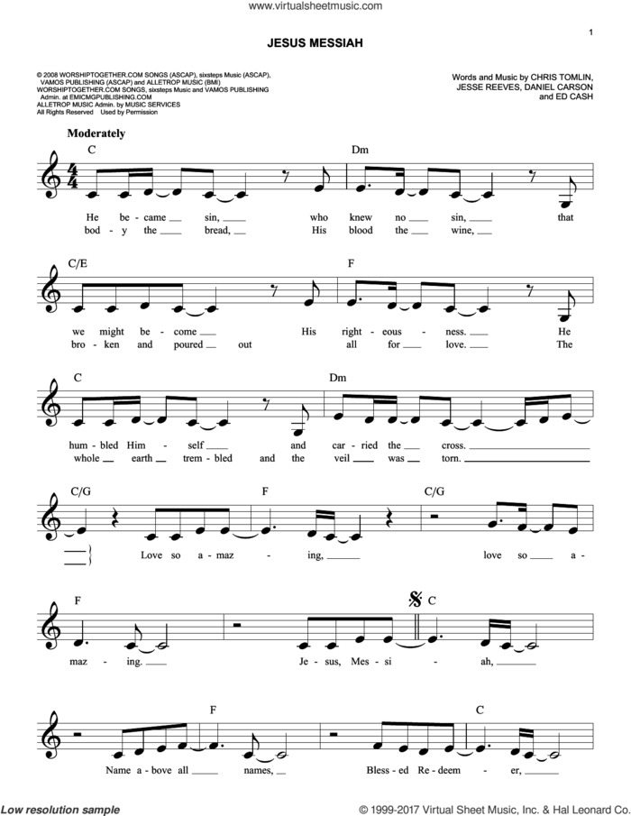 Jesus Messiah sheet music for voice and other instruments (fake book) by Chris Tomlin, Daniel Carson, Ed Cash and Jesse Reeves, easy skill level