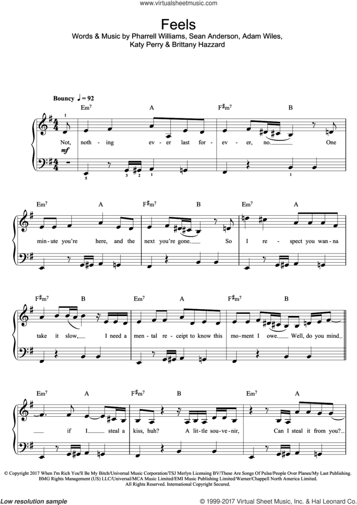 Feels (featuring Pharrell Williams, Katy Perry and Big Sean) sheet music for piano solo (beginners) by Calvin Harris, Big Sean, Adam Wiles, Brittany Hazzard, Katy Perry, Pharrell Williams and Sean Anderson, beginner piano (beginners)