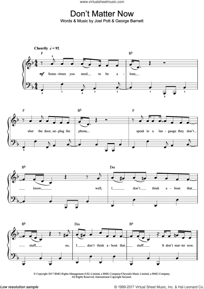 Don't Matter Now sheet music for piano solo (beginners) by George Ezra, George Barnett and Joel Pott, beginner piano (beginners)