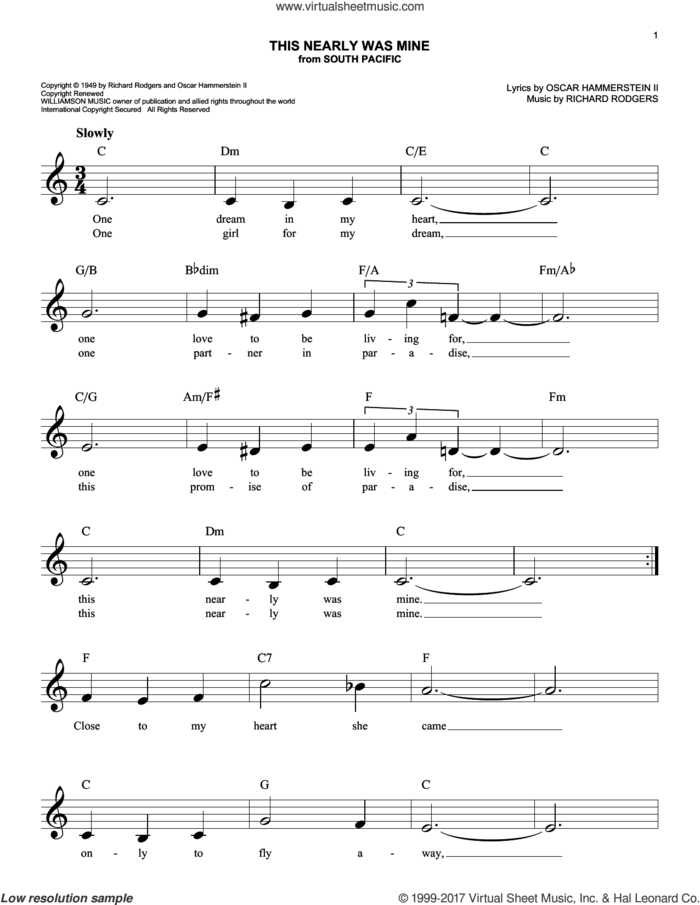 This Nearly Was Mine sheet music for voice and other instruments (fake book) by Rodgers & Hammerstein, Oscar II Hammerstein and Richard Rodgers, easy skill level