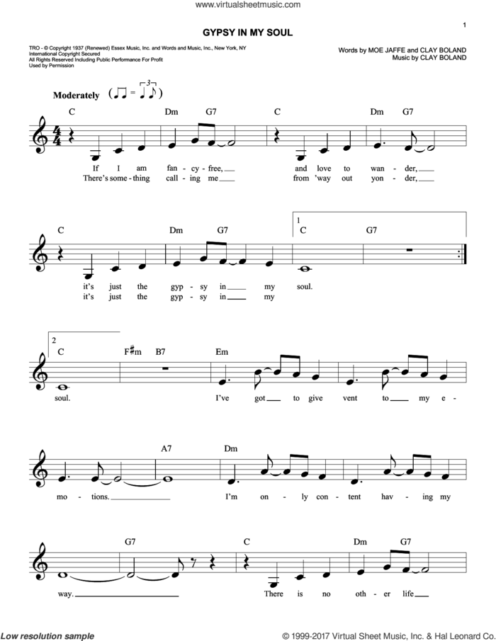 Gypsy In My Soul sheet music for voice and other instruments (fake book) by Moe Jaffe and Clay Boland, easy skill level