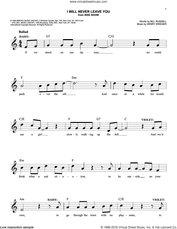 I Will Never Leave You sheet music for voice and other instruments (fake book) by Henry Krieger and Bill Russell, easy skill level