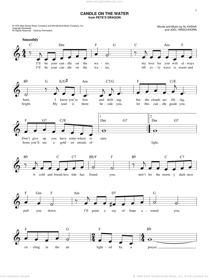 Candle On The Water (from Pete's Dragon) sheet music for voice and other instruments (fake book) by Helen Reddy, Al Kasha and Joel Hirschhorn, easy skill level