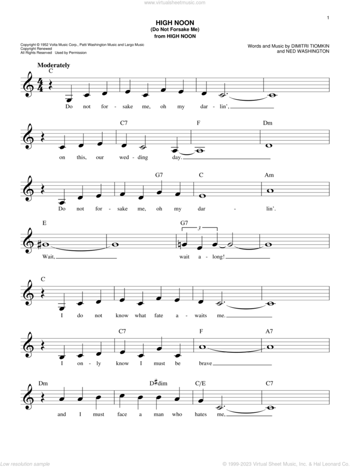 High Noon (Do Not Forsake Me) sheet music for voice and other instruments (fake book) by Ned Washington and Dimitri Tiomkin, easy skill level
