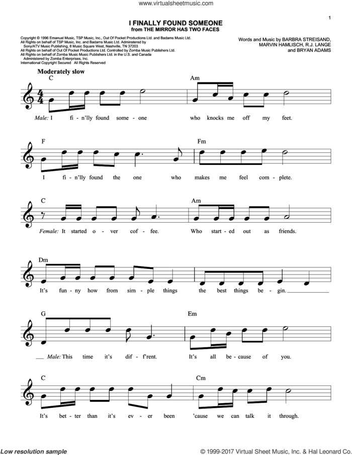 I Finally Found Someone sheet music for voice and other instruments (fake book) by Barbra Streisand and Bryan Adams, Barbra Streisand, Bryan Adams, Marvin Hamlisch and Robert John Lange, easy skill level