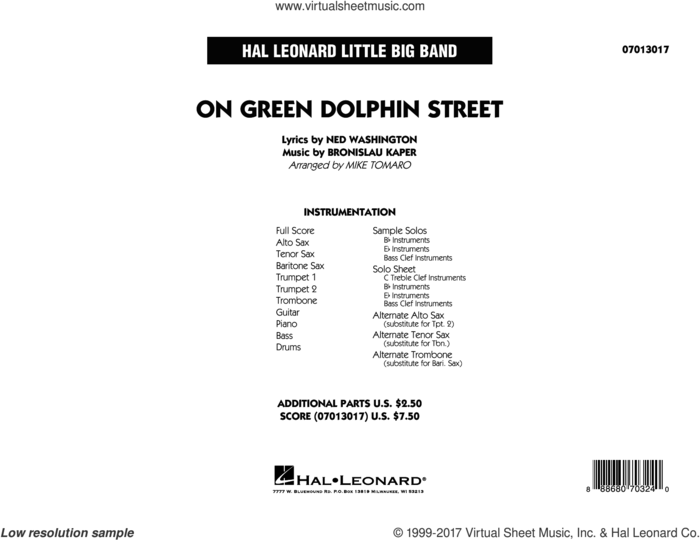 On Green Dolphin Street (COMPLETE) sheet music for jazz band by Ned Washington, Bronislau Kaper and Mike Tomaro, intermediate skill level