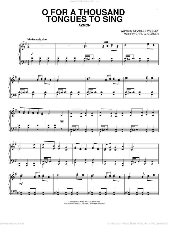 O For A Thousand Tongues To Sing, (intermediate) sheet music for piano solo by Charles Wesley, Carl G. Glaser, Carl G. Glaser and Lowell Mason, intermediate skill level