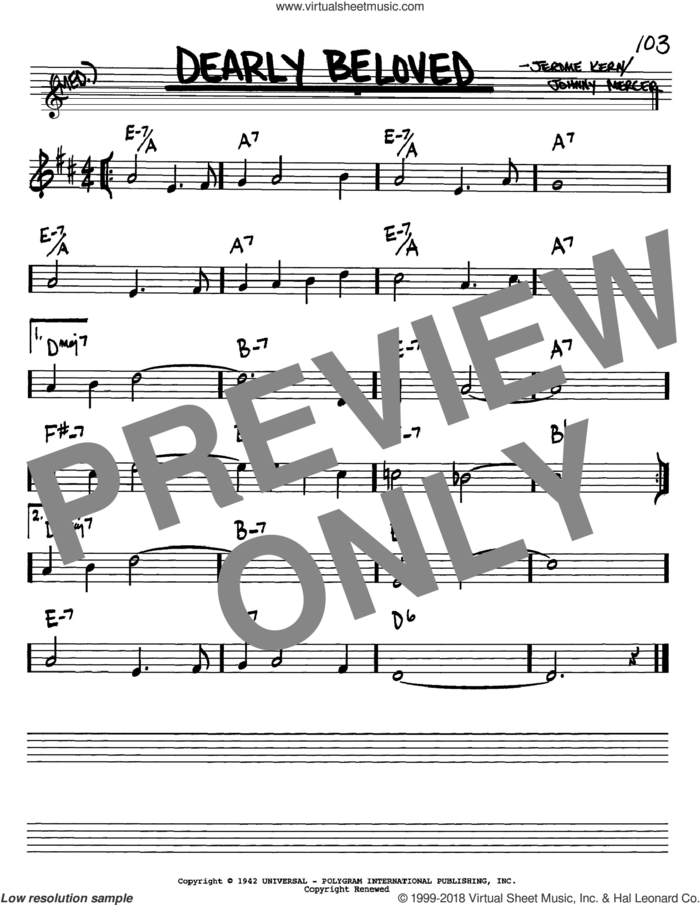 Dearly Beloved sheet music for voice and other instruments (in Bb) by Jerome Kern and Johnny Mercer, intermediate skill level