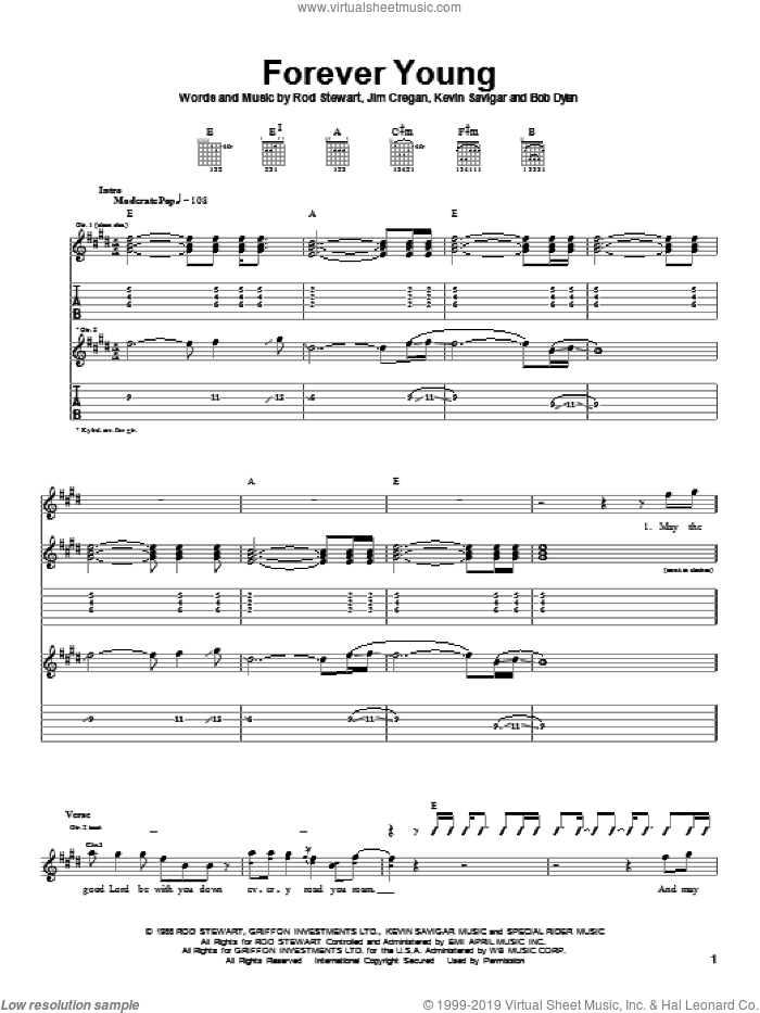 Forever Young sheet music for guitar (tablature) by Rod Stewart, Bob Dylan, Jim Cregan and Kevin Savigar, intermediate skill level