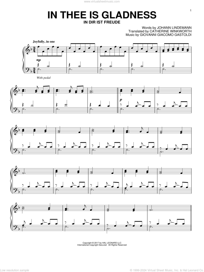 In Thee Is Gladness sheet music for piano solo by Catherine Winkworth, Giovanni Giacomo Gastoldi and Johann Lindemann, intermediate skill level