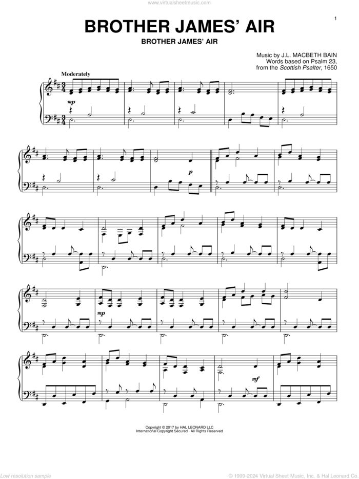 Brother James' Air sheet music for piano solo by Based on Psalm 23 and J.L. Macbeth Bain, intermediate skill level