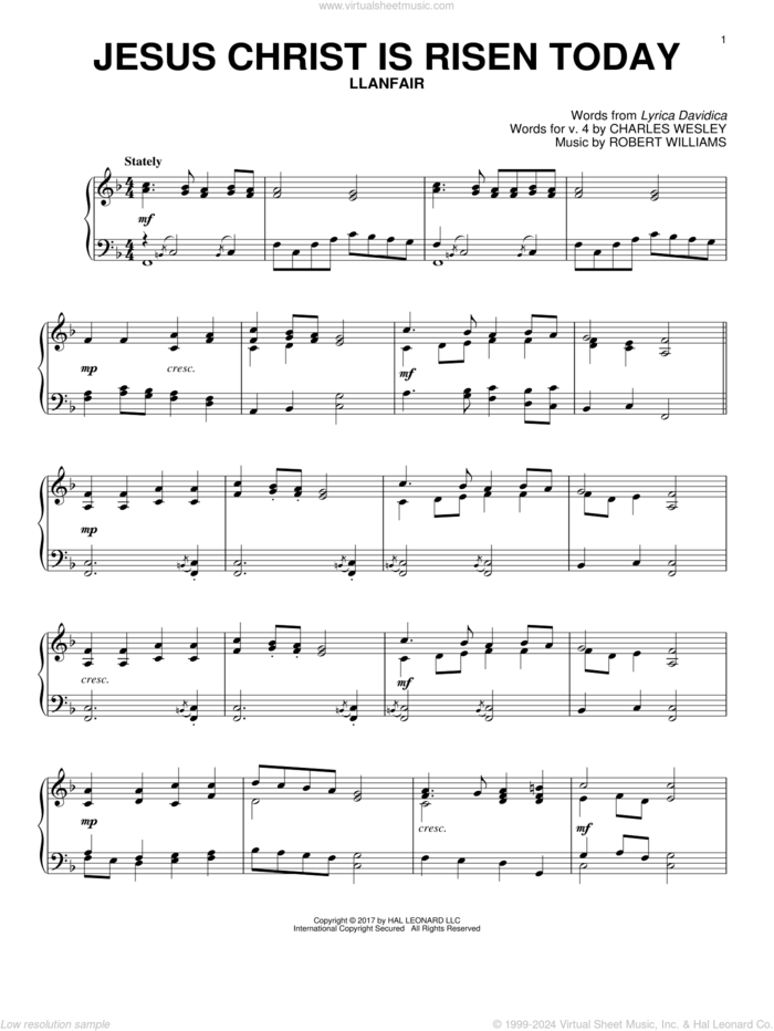 Jesus Christ Is Risen Today sheet music for piano solo by Lyra Davidica, Charles Wesley (v. 4) and Robert Williams, intermediate skill level