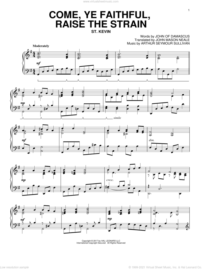 Come, Ye Faithful, Raise The Strain sheet music for piano solo by John Mason Neale, Arthur Sullivan and John of Damascus, intermediate skill level