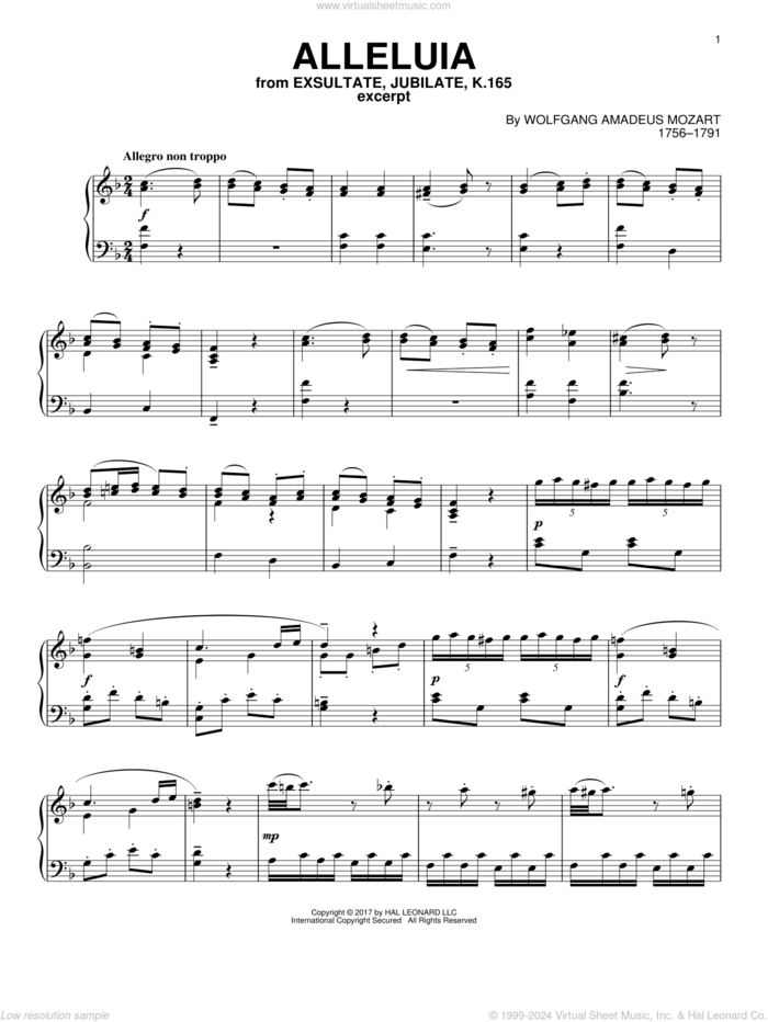 Alleluia sheet music for piano solo by Wolfgang Amadeus Mozart, classical score, intermediate skill level