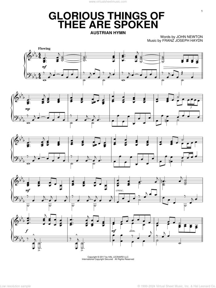 Glorious Things Of Thee Are Spoken (arr. David Lantz III) sheet music for piano solo by Franz Joseph Haydn and John Newton, intermediate skill level