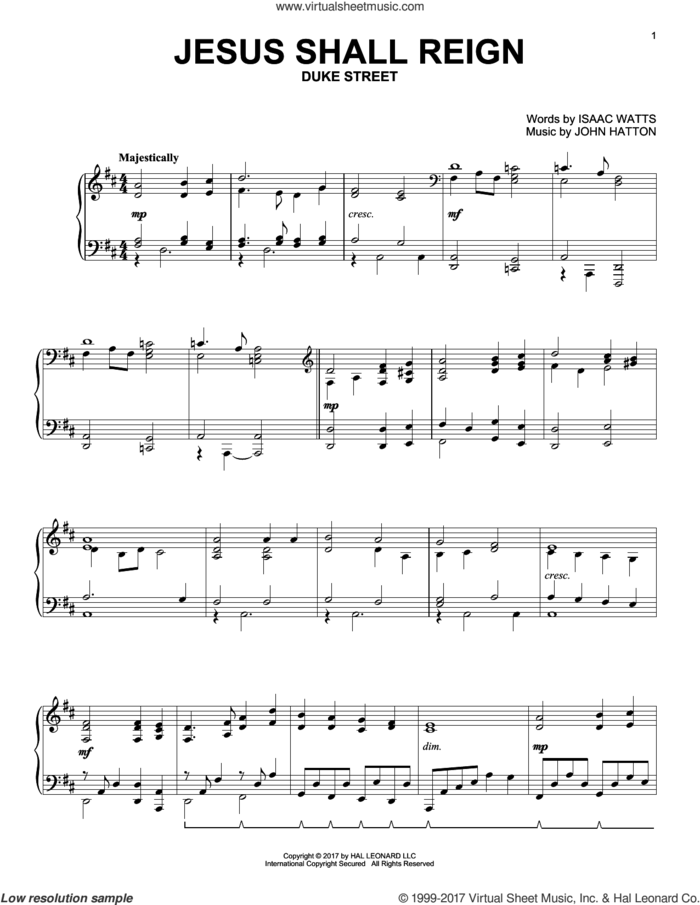 Jesus Shall Reign sheet music for piano solo by Isaac Watts and John Hatton, intermediate skill level