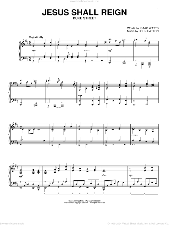 Jesus Shall Reign sheet music for piano solo by Isaac Watts and John Hatton, intermediate skill level