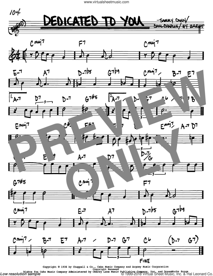 Dedicated To You sheet music for voice and other instruments (in Bb) by Sammy Cahn, Hy Zaret and Saul Chaplin, intermediate skill level