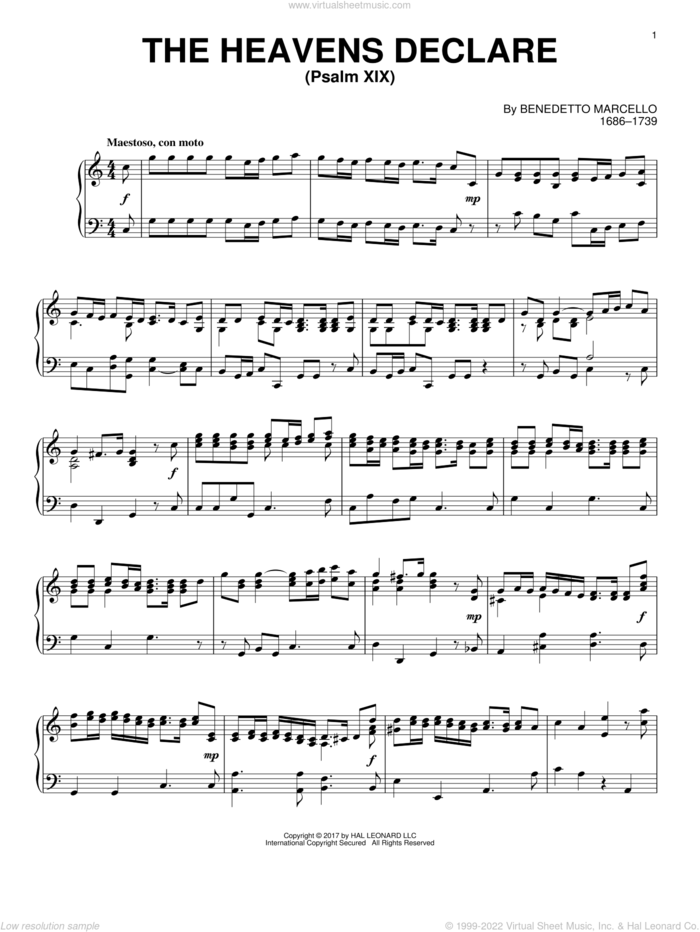 The Heavens Declare (Psalm XIX) sheet music for piano solo by Benedetto Marcello, intermediate skill level