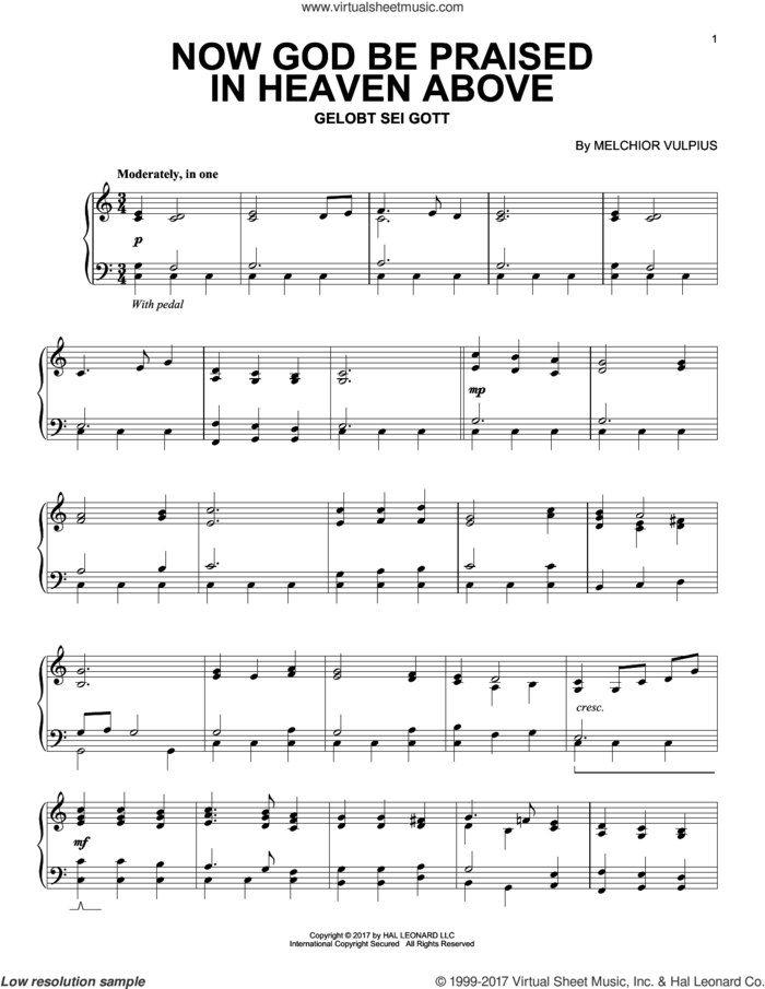 Now God Be Praised In Heaven Above sheet music for piano solo by Melchior Vulpius, intermediate skill level