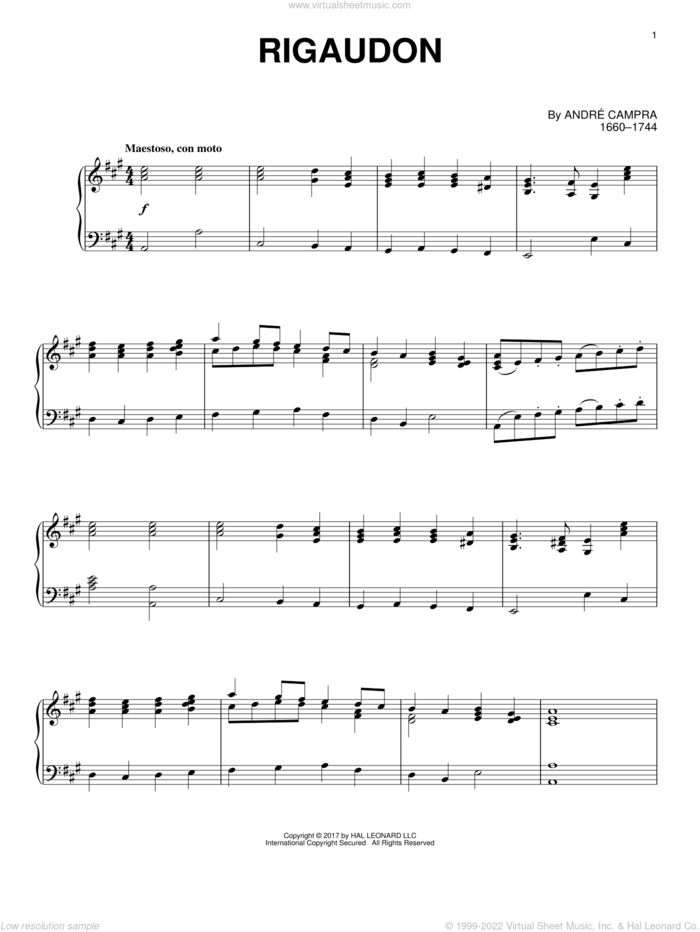 Rigaudon sheet music for piano solo by André Campra and Andre Campra, intermediate skill level