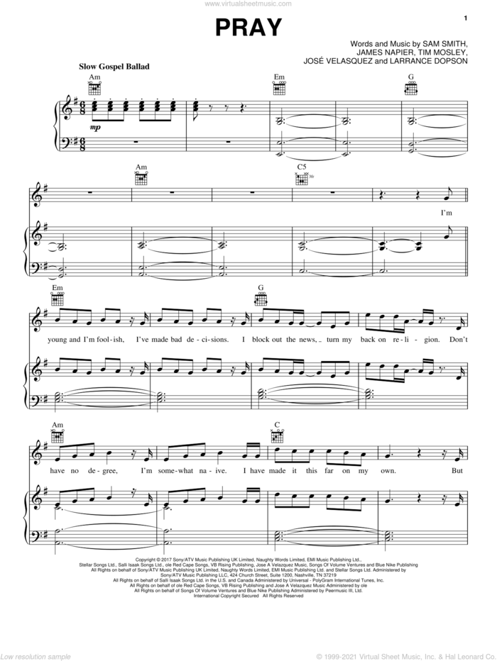 Pray sheet music for voice, piano or guitar by Sam Smith, Angel Lopez, Angel Lopz, James Napier, Larrance Dopson and Tim Mosley, intermediate skill level
