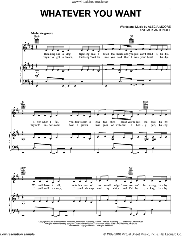 Whatever You Want sheet music for voice, piano or guitar by Alecia Moore, Miscellaneous and Jack Antonoff, intermediate skill level