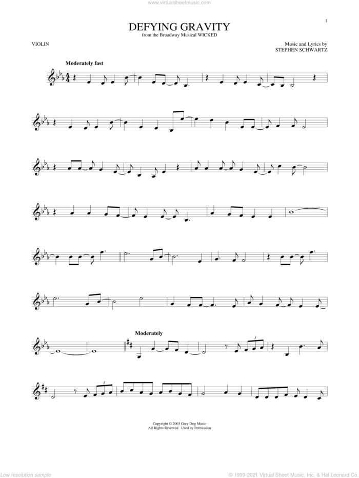 Defying Gravity (from Wicked) sheet music for violin solo by Stephen Schwartz, intermediate skill level