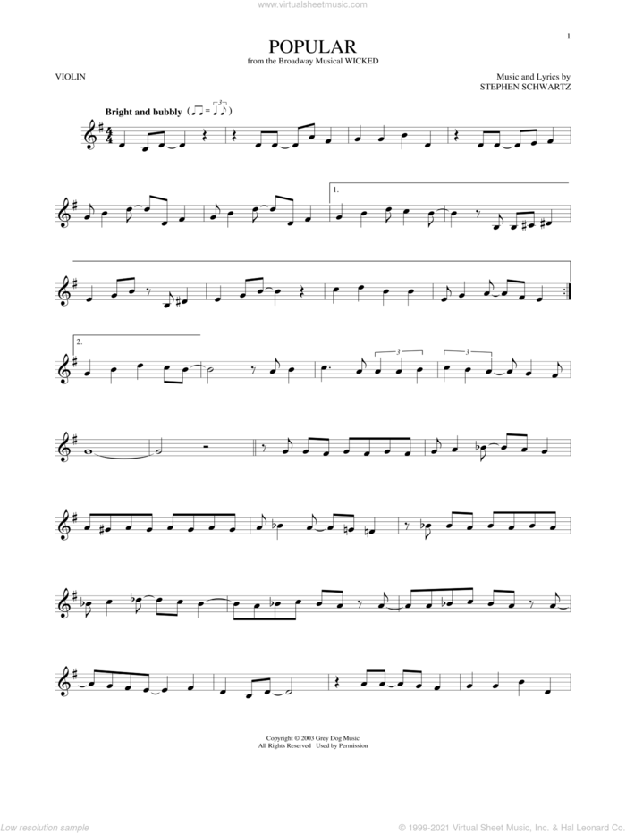 Popular (from Wicked) sheet music for violin solo by Stephen Schwartz, intermediate skill level