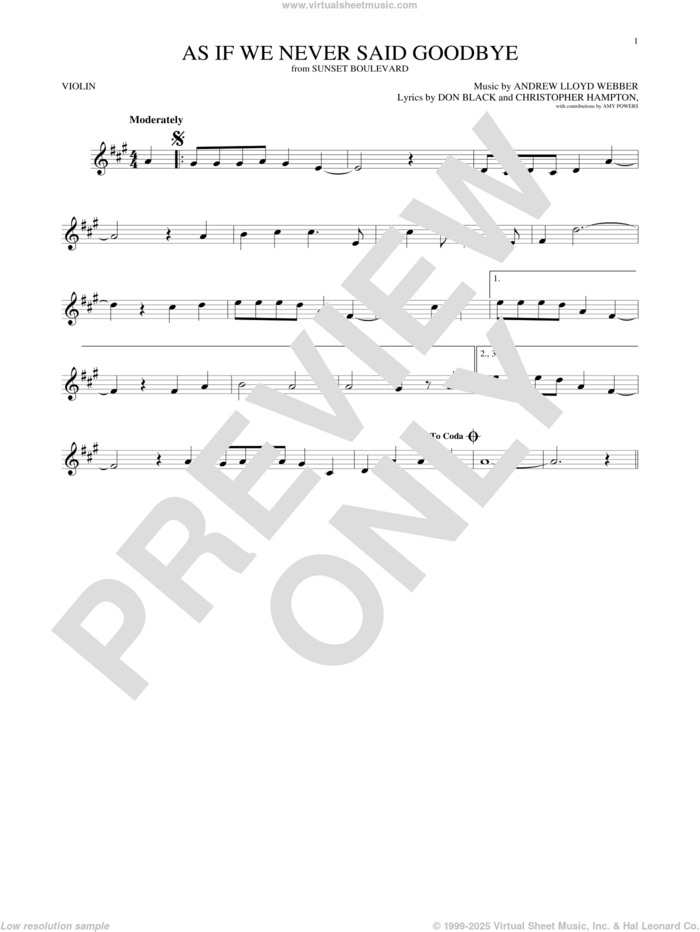As If We Never Said Goodbye (from Sunset Boulevard) sheet music for violin solo by Andrew Lloyd Webber, Christopher Hampton and Don Black, intermediate skill level