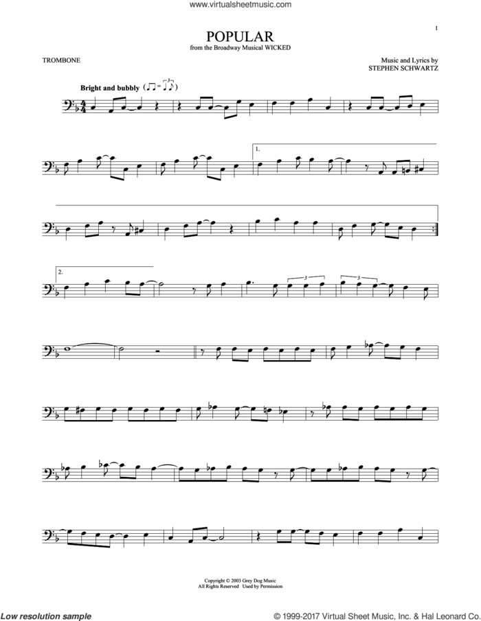 Popular (from Wicked) sheet music for trombone solo by Stephen Schwartz, intermediate skill level