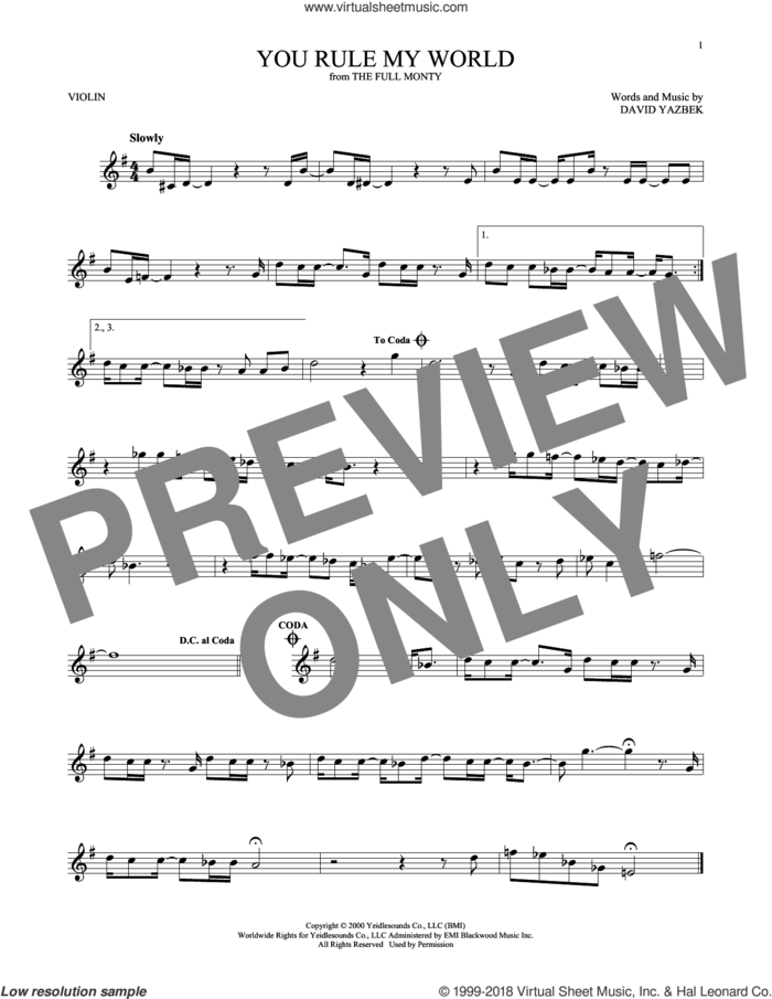 You Rule My World (from The Full Monty) sheet music for violin solo by David Yazbek, intermediate skill level