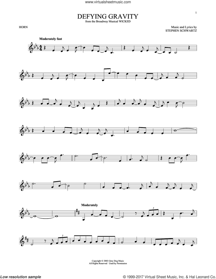 Defying Gravity (from Wicked) sheet music for horn solo by Stephen Schwartz, intermediate skill level