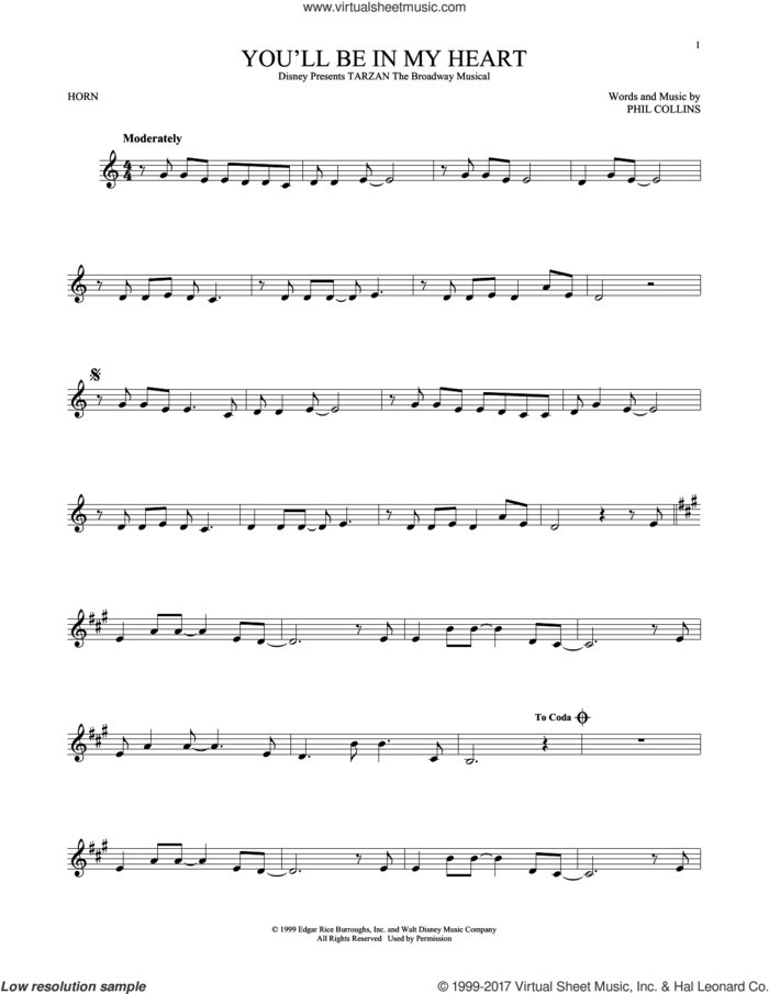 You'll Be In My Heart (from Tarzan) sheet music for horn solo by Phil Collins, intermediate skill level