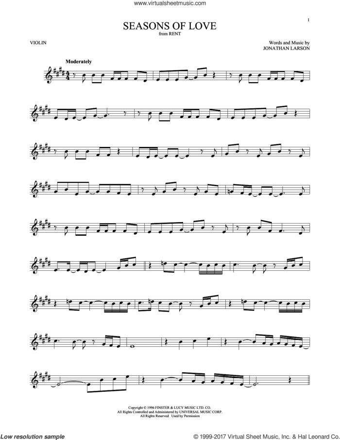 Seasons Of Love (from Rent) sheet music for violin solo by Jonathan Larson, intermediate skill level