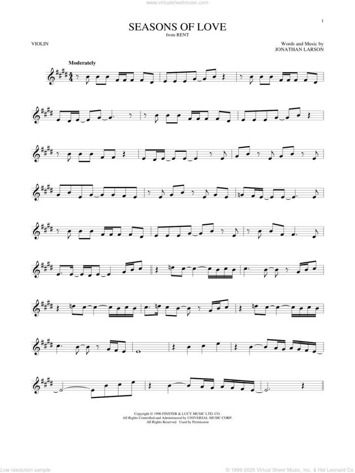 Seasons Of Love (from Rent) sheet music for violin solo by Jonathan Larson, intermediate skill level