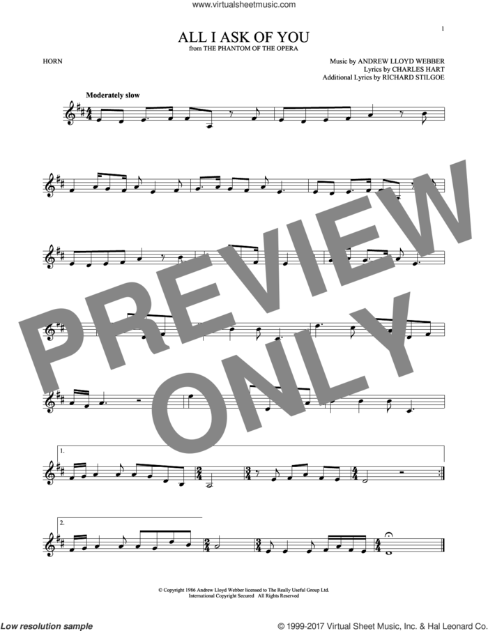 All I Ask Of You (from The Phantom Of The Opera) sheet music for horn solo by Andrew Lloyd Webber, Barbra Streisand, Charles Hart and Richard Stilgoe, wedding score, intermediate skill level